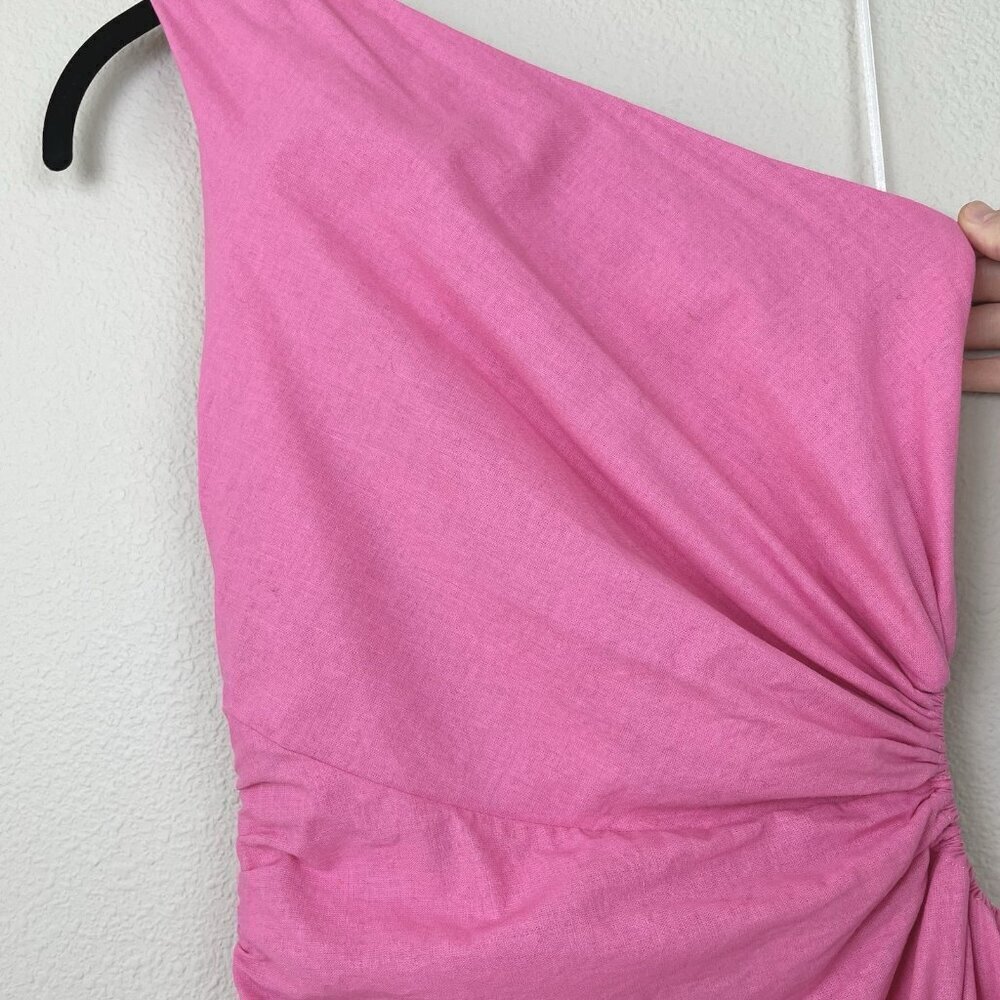Aakaa Women's Small Bubblegum Pink One Shoulder Asymmetric Gown Linen Cut Out - Picture 14 of 16